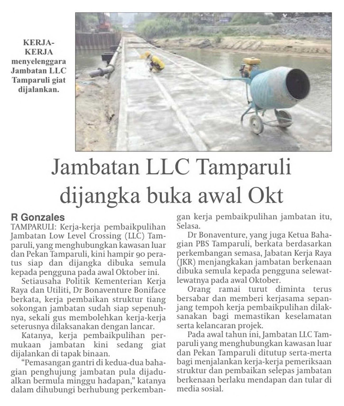 9 Sept 2026, Tamparuli - Jambatan LLC Tamparuli dijangka buka awal Okt (Daily Express)